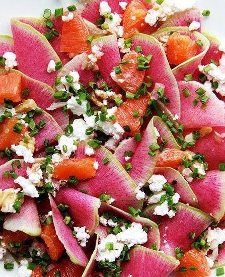 Cover Image for Watermelon Radish, Guava & Goat Cheese Salad with Pecans